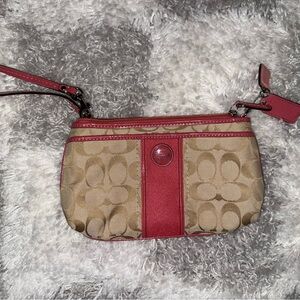 Coach Signature Canvas Wristlet in Tan and Pink in Excellent Condition